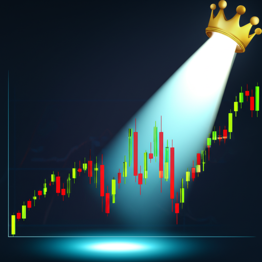 Spotlight on stock chart with crown symbolizing stock king in vibrant market