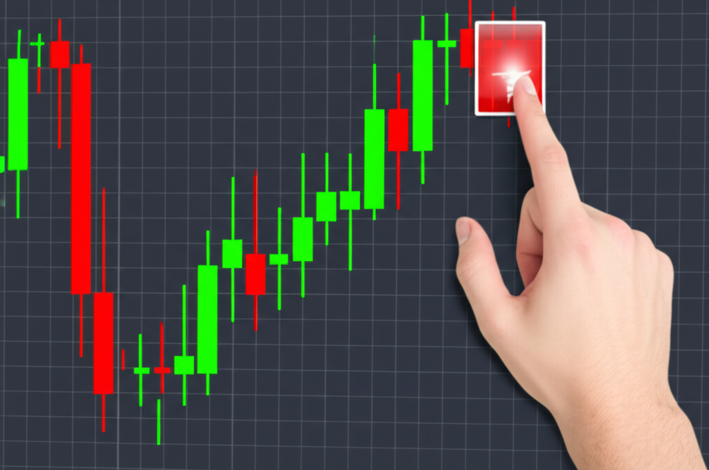 金融圖表中紅綠寶塔線柱子顯示市場情緒,多頭與空頭力量,手指指向明確的買賣訊號,動態且具洞察力的市場分析工具