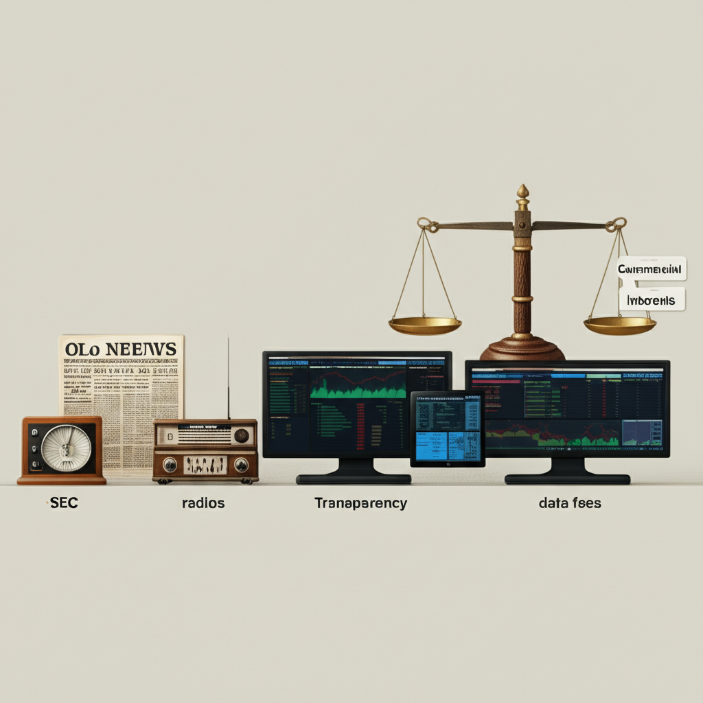 illustration a timeline showing old newspapers radios and early computers evolving to modern trading screens with a 15 minute delay SEC scales balancing transparency and commercial interests data fees