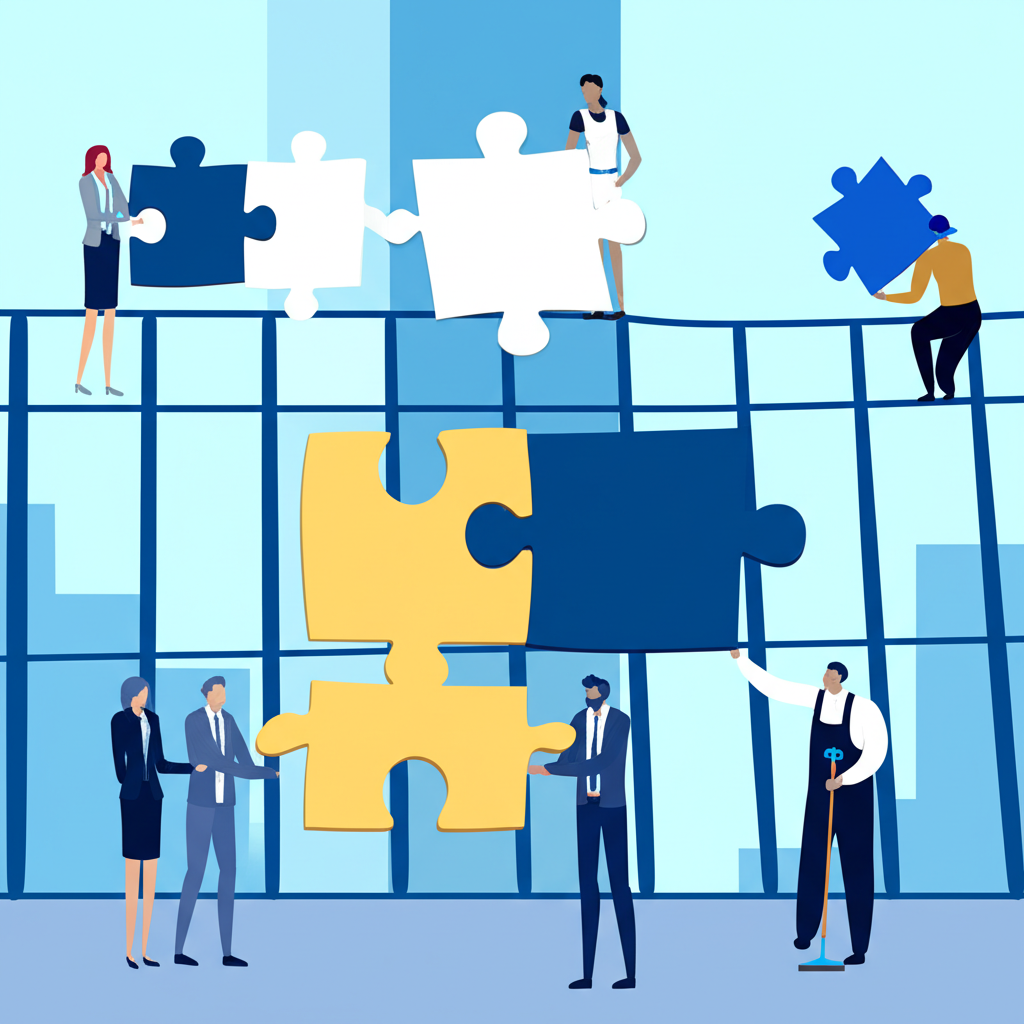 公司大樓周圍各種人物如高管、律師甚至清潔工,手持拼圖片段,象徵內部人範圍廣泛與關鍵資訊的散布