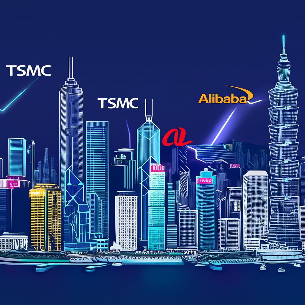 Cityscape of Taiwan and Hong Kong markets with high-tech company logos representing top stocks