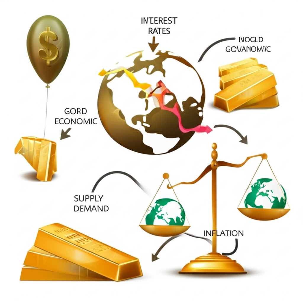 ภาพประกอบปัจจัยทางเศรษฐกิจและภูมิรัฐศาสตร์ที่ส่งผลต่อราคาทองคำ เช่น อัตราดอกเบี้ยและเหตุการณ์โลก
