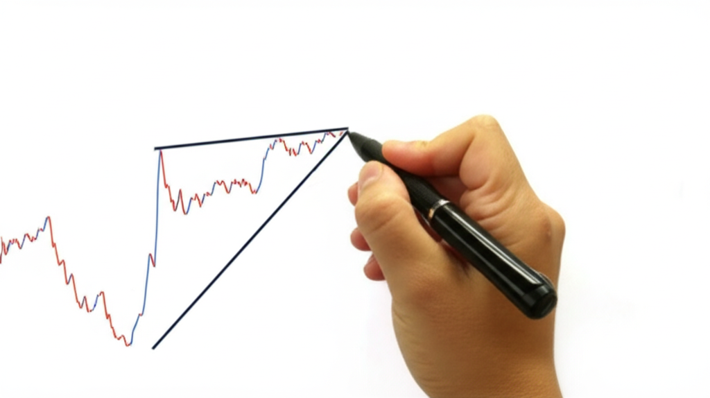 ภาพประกอบมือวาดเส้นแนวโน้มบรรจบกันบนกราฟหุ้นขาขึ้นเพื่อระบุรูปแบบ Rising Wedge