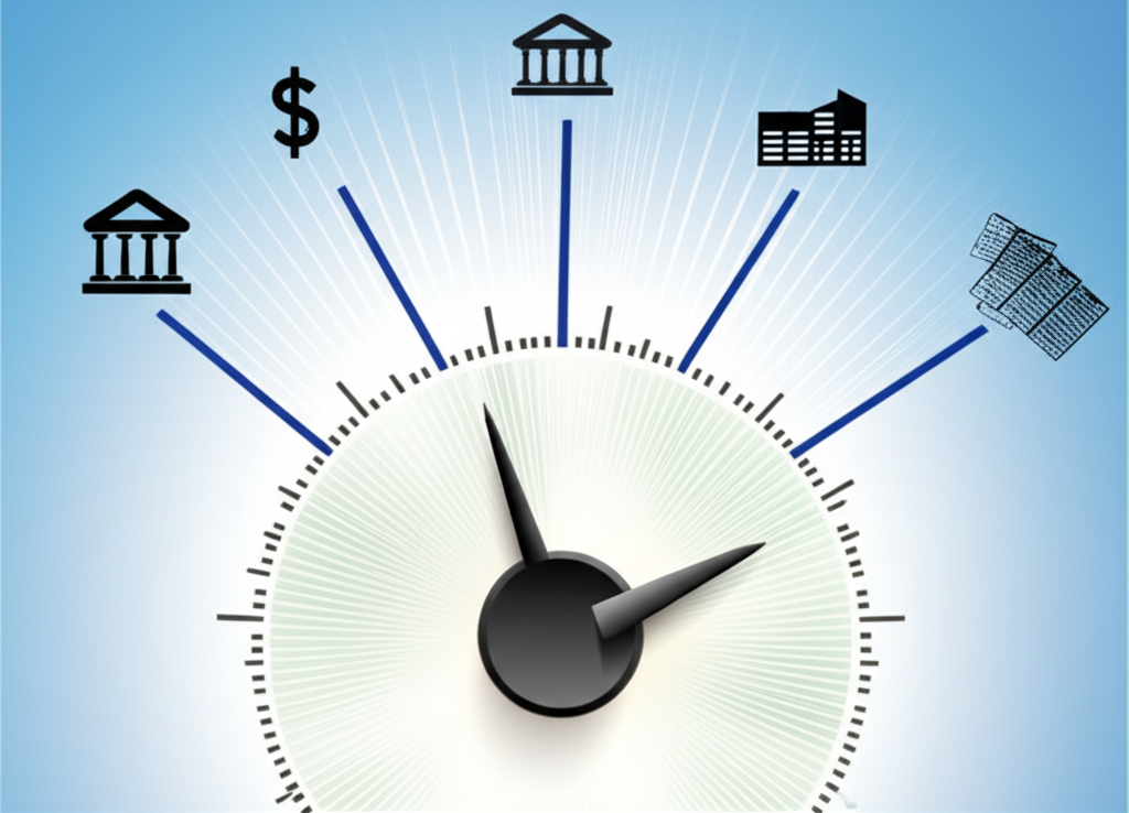 中央銀行大撥盤發出光線照射金融機構與市場指標的插圖,象徵重貼現率作為貨幣政策信號,影響市場利率