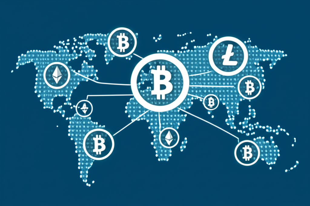 ภาพประกอบสัญลักษณ์สกุลเงินดิจิทัลไหลผ่านแผนที่โลกพร้อมไอคอนนาฬิกา