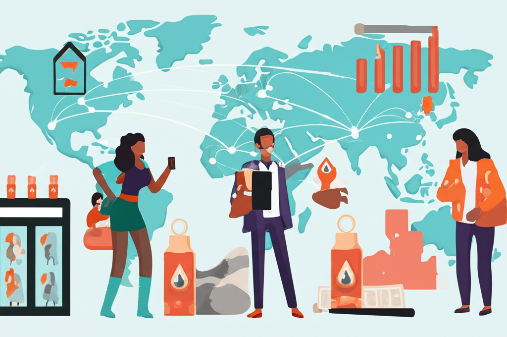 ภาพประกอบเศรษฐกิจโลกและชีวิตประจำวันที่ได้รับผลกระทบจากราคาน้ำมันดิบที่ผันผวน บนพื้นหลังแผนที่โลก