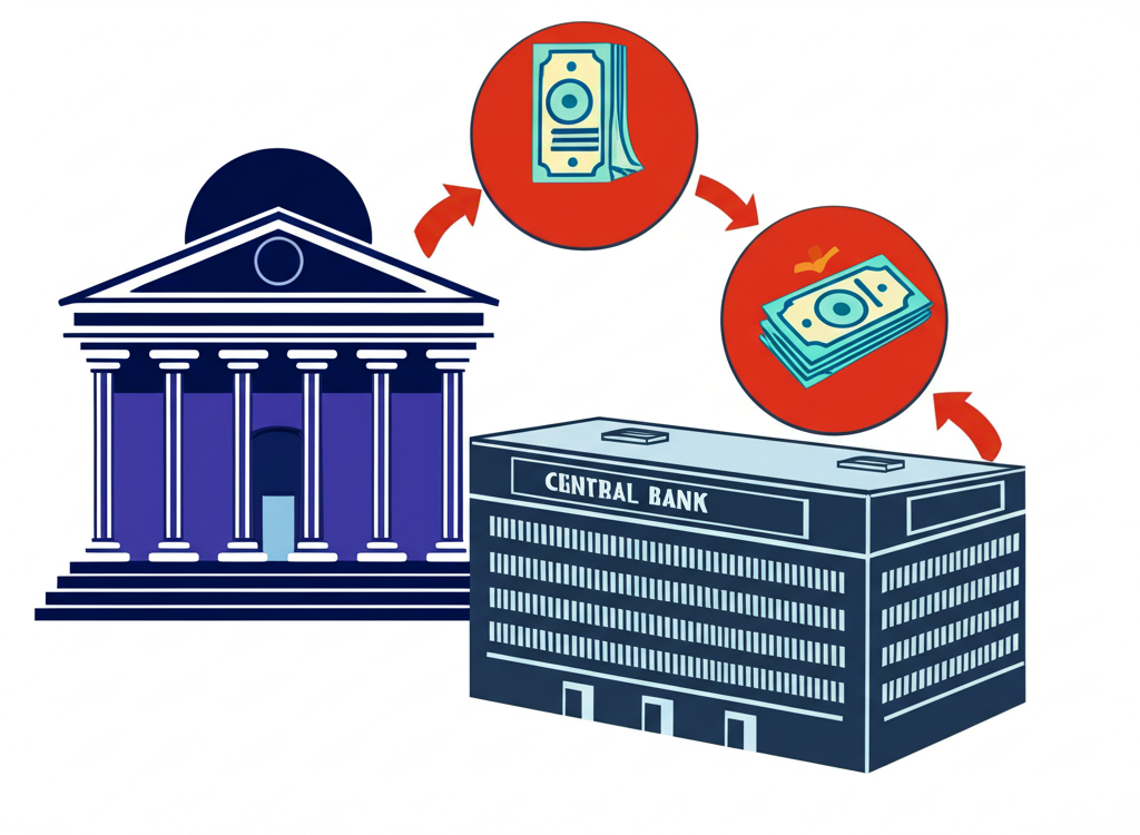 中央銀行大樓與商業銀行呈現合格票據的插圖,展示重貼現率定義與流程,中央銀行作為最後貸款人的角色
