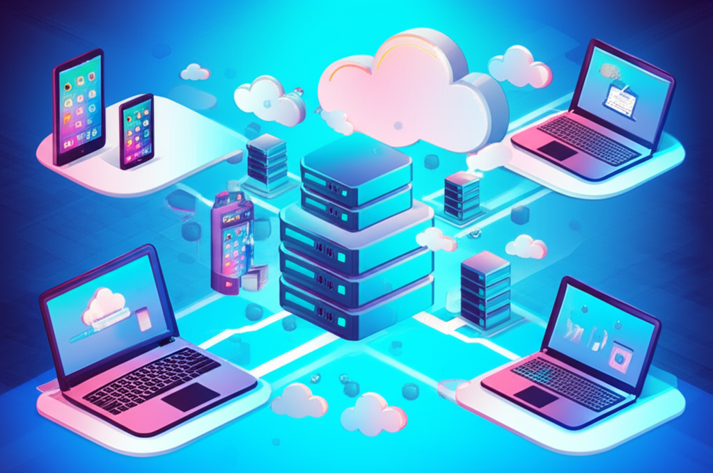 雲端伺服器網路與資料在筆電、手機和平板間流動的插圖，代表現代雲端儲存服務如騰訊微雲