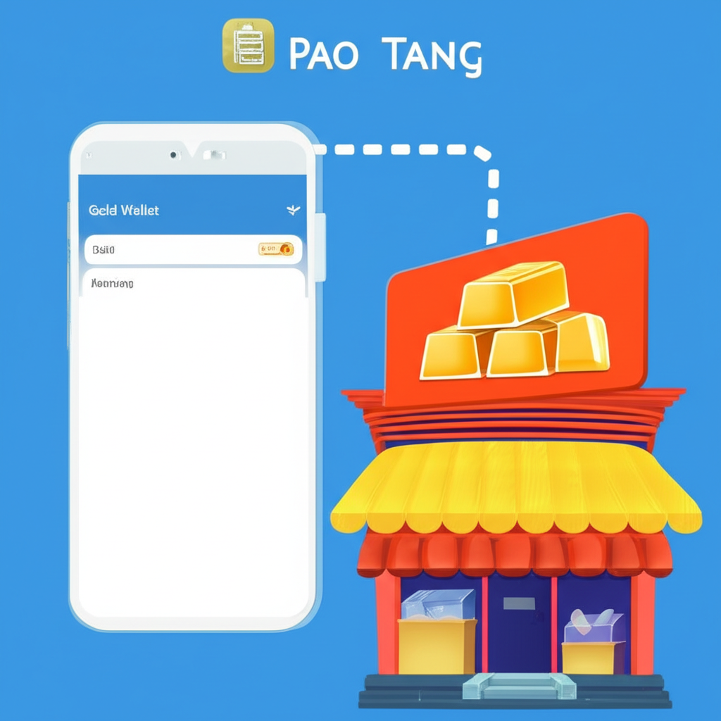 ภาพประกอบอินเทอร์เฟซแอปเป๋าตังแสดง Gold Wallet กับไอคอนทองคำดิจิทัลเชื่อมต่อกับร้านทองแบบดั้งเดิม