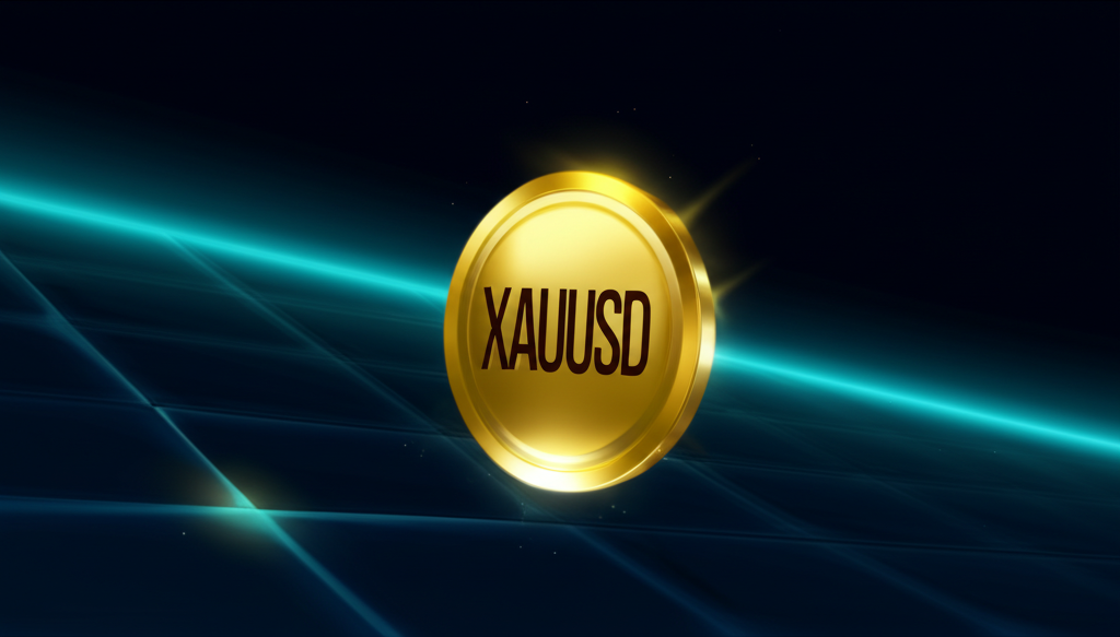 อินเตอร์เฟซดิจิทัลแสดงสัญลักษณ์ XAUUSD กับเหรียญทองแทนการค้าทองคำระดับโลกในสภาพแวดล้อมเทคโนโลยีสมัยใหม่