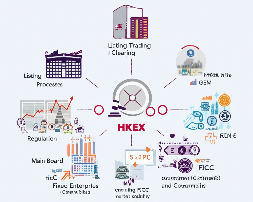 An illustration showing the core functions of HKEX listing trading clearing market data and regulation alongside its market structures Main Board GEM derivatives and FICC ensuring market stability