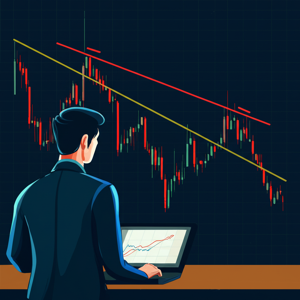 ภาพประกอบกราฟการเงินแสดงรูปแบบ Rising Wedge ที่แนวโน้มขาขึ้นพลิกเป็นขาลงพร้อมนักลงทุนสังเกตการณ์