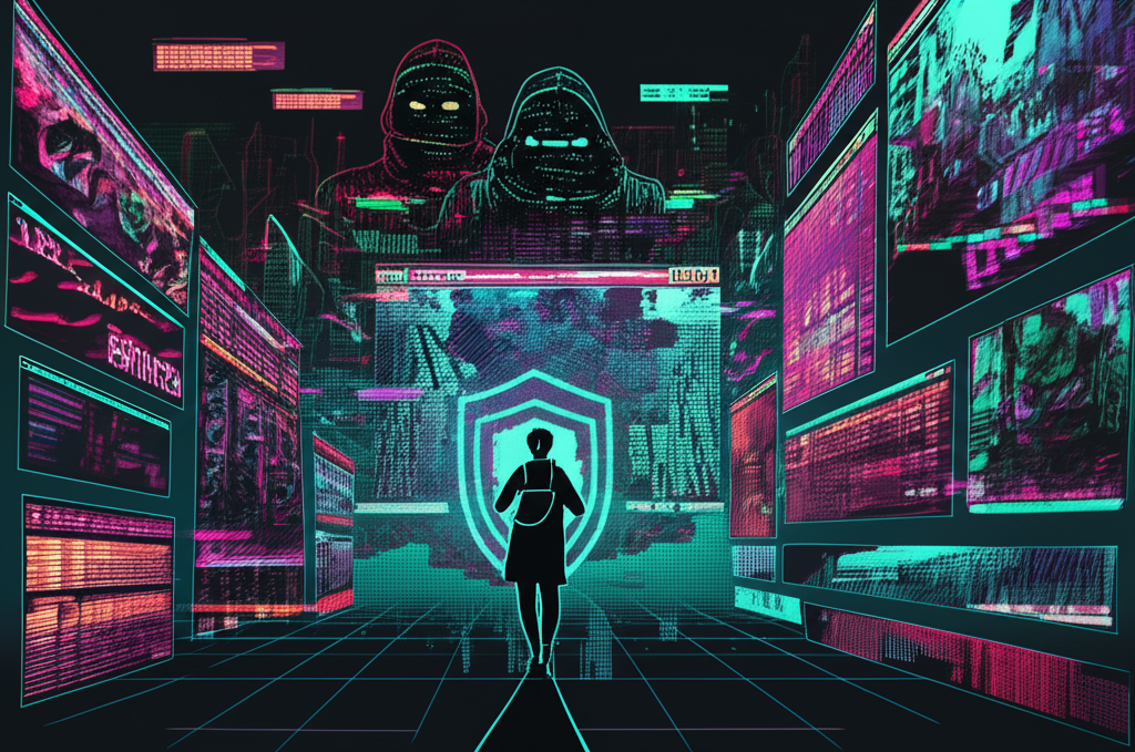 ภาพประกอบบุคคลนำทางในโลกดิจิทัลที่เต็มไปด้วยภัยคุกคามไซเบอร์และเว็บไซต์ปลอมเพื่อปกป้องข้อมูลส่วนตัว