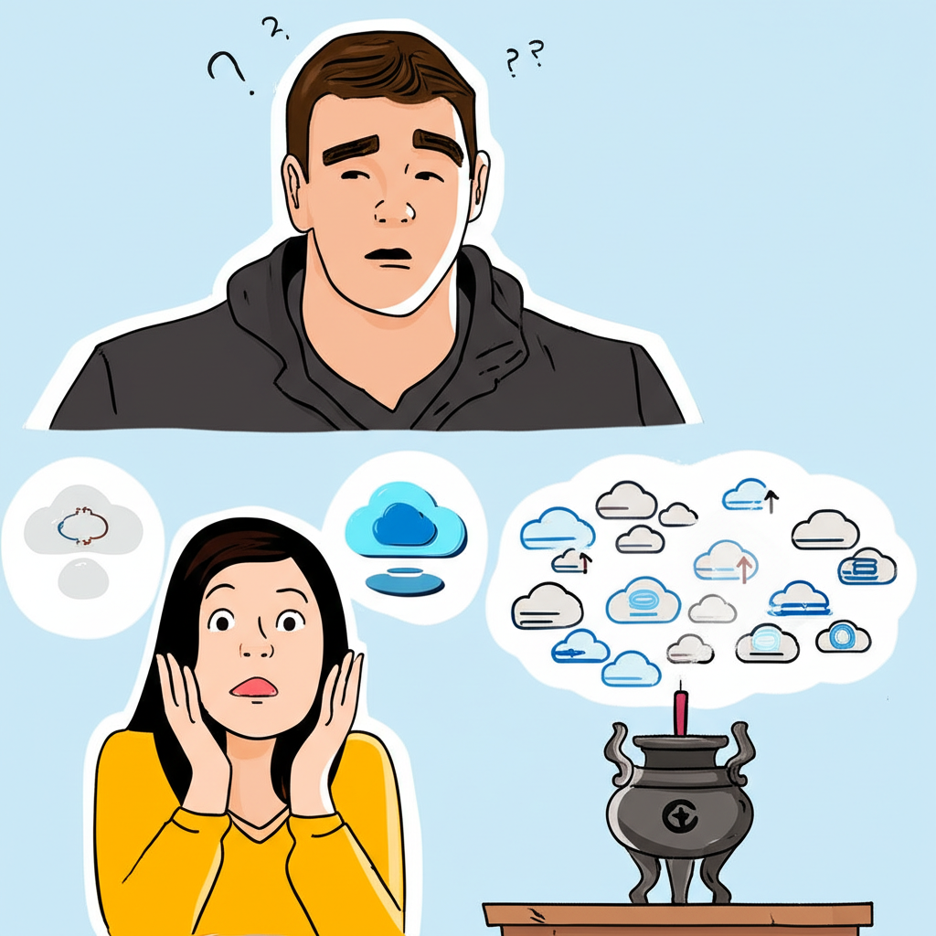 一個人困惑地看著雲端儲存圖標和薰香爐冒煙的插圖，象徵微盤的雙重意義