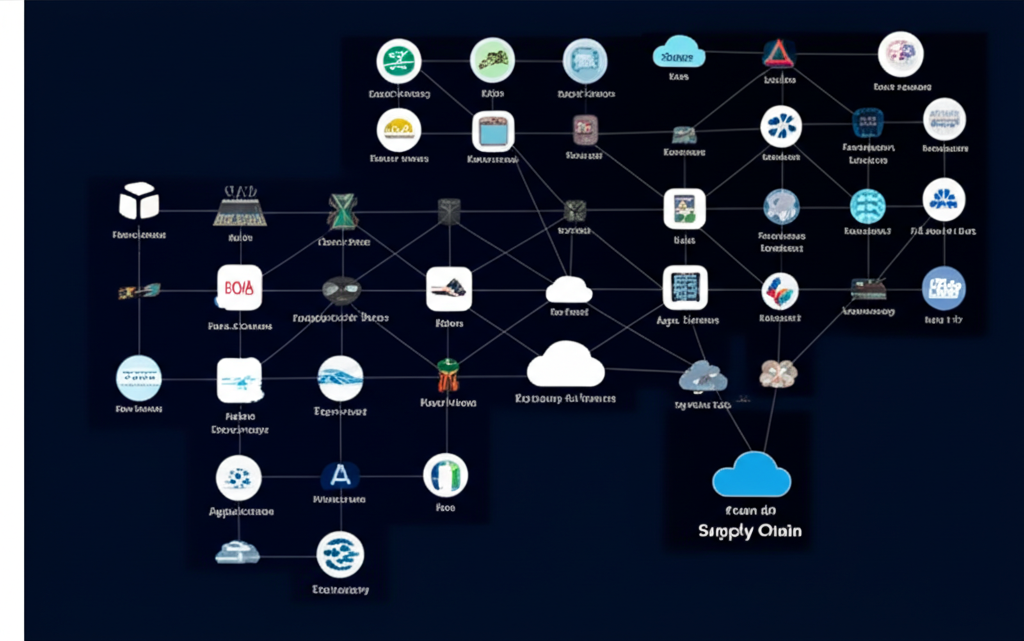 人工智慧供應鏈網絡圖,展示硬體、軟體、雲端、資料和應用層的複雜連接,以及受益的公司