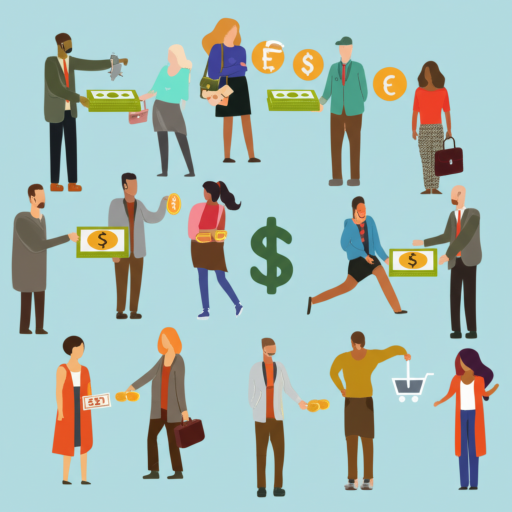 Diverse people from various countries exchanging money for travel business and online shopping global economy illustration