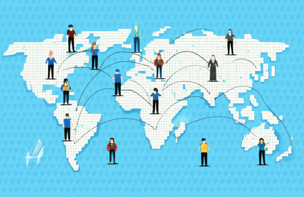 ภาพประกอบการแลกเปลี่ยนสกุลเงินทั่วโลกด้วยเส้นเชื่อมโยงระหว่างประเทศและผู้คนหลากหลาย