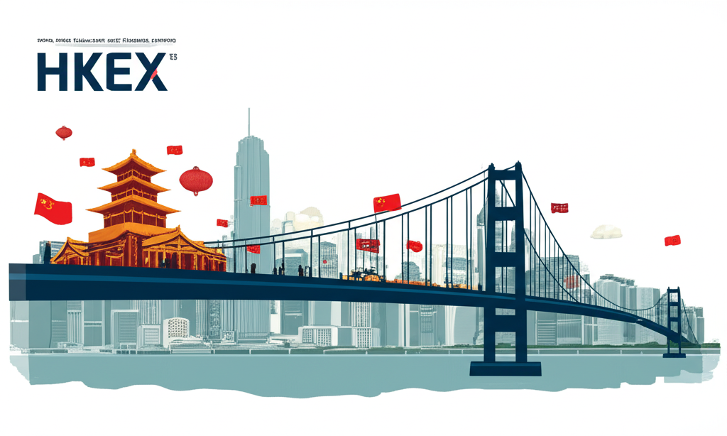 An illustration of Hong Kong Exchanges and Clearing Limited HKEX as a vital bridge connecting China and the global financial world a bustling international financial hub with diverse investors
