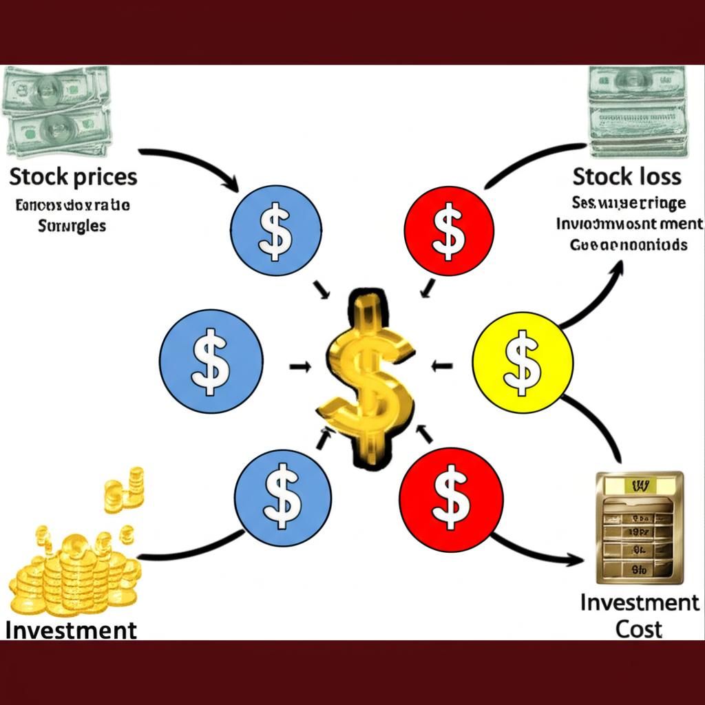 財務機制圖示，箭頭連接股價、匯率與投資成本，計算投資者的獲利或損失