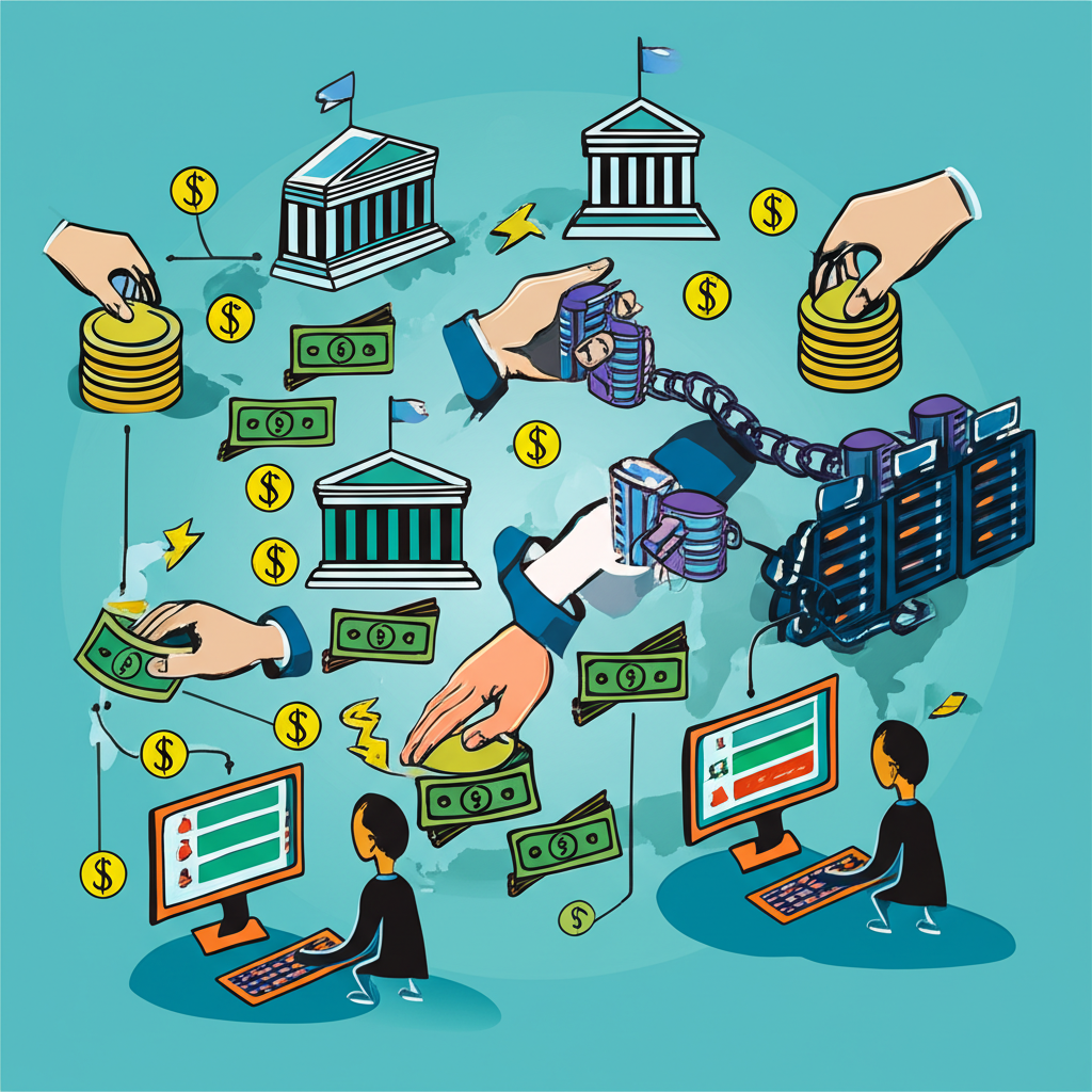 illustration a complex data flow with money signs showing stock exchanges data distributors and brokers a chain of hands passing data with high fees a small investor looking at a delayed screen