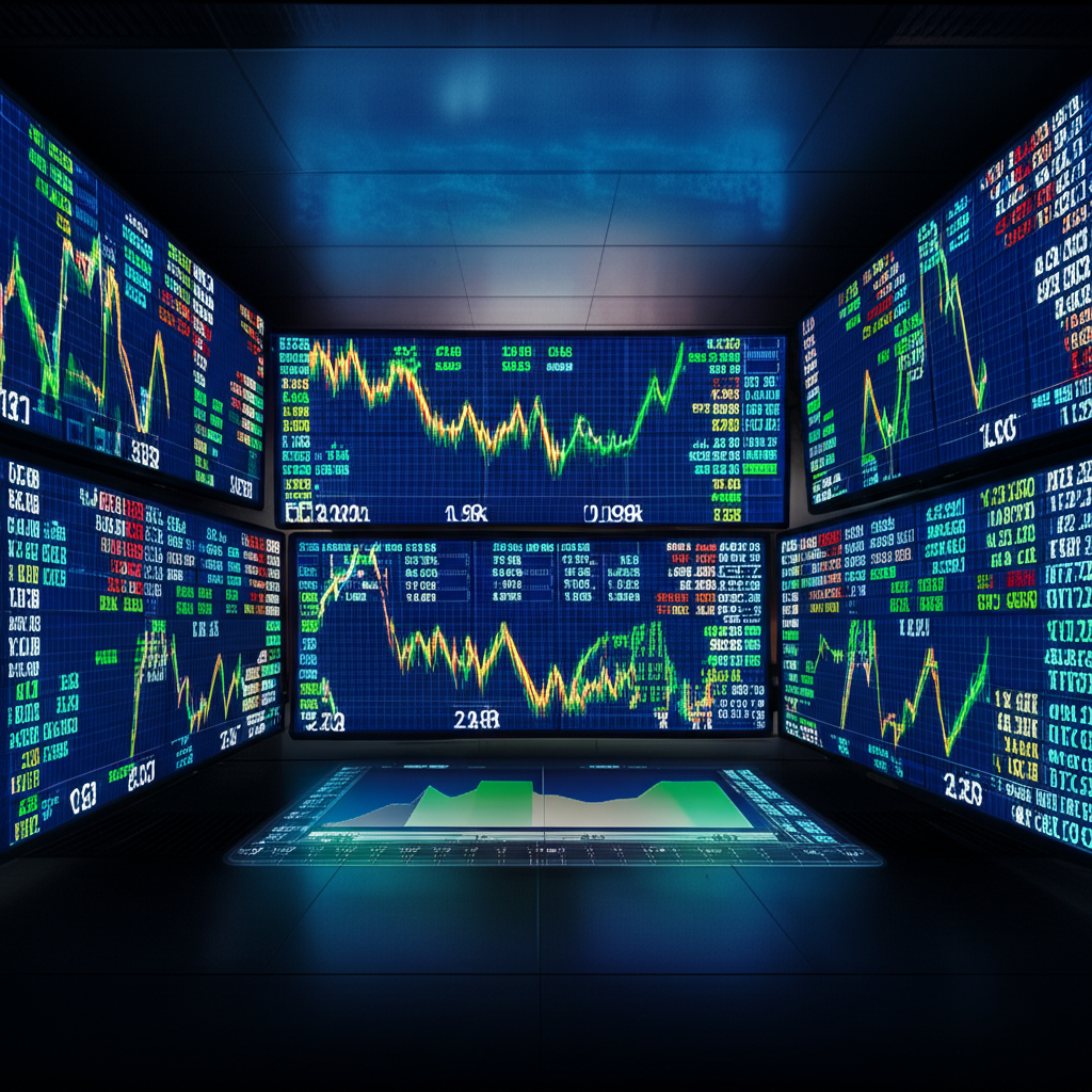 ภาพประกอบหน้าจอข้อมูลตลาดน้ำมันแบบเรียลไทม์ แสดงราคา WTI และ Brent กราฟผันผวน บนพื้นหลังห้องซื้อขายทั่วโลก