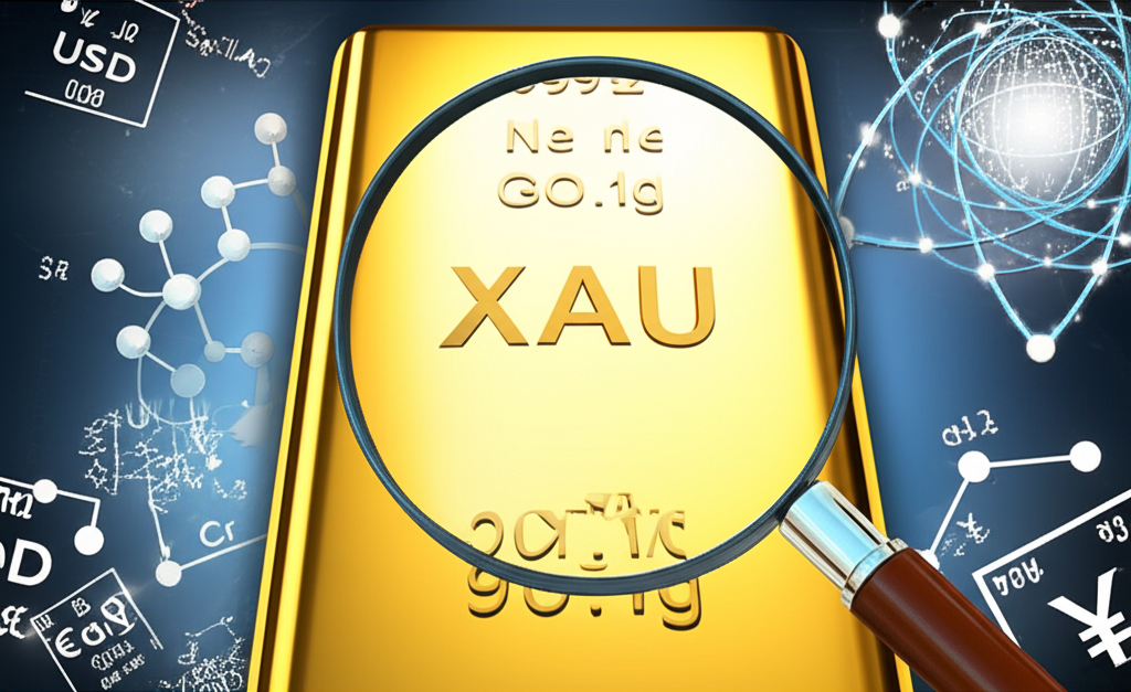 กระจกขยายโฟกัสที่สัญลักษณ์ XAU บนแท่งทองคำพร้อมองค์ประกอบทางวิทยาศาสตร์และรหัสสกุลเงินระดับโลก