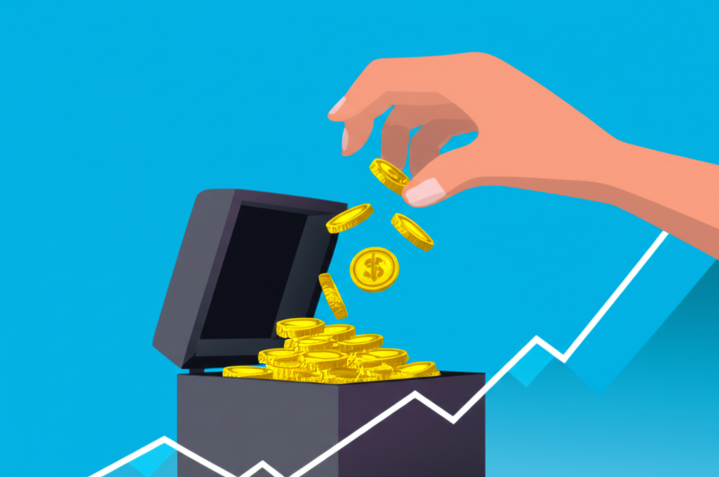 一隻手將下落的黃金硬幣捕捉進安全盒子,象徵止盈鎖定漲勢中的獲利並克服貪婪