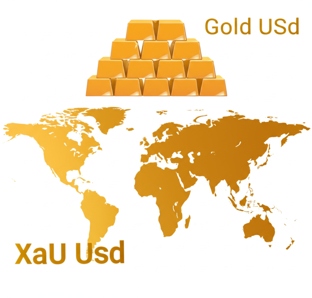 แผนที่โลกพร้อมแท่งทองคำและสัญลักษณ์ XAU/USD แสดงแนวคิดตลาดทองคำระดับโลก