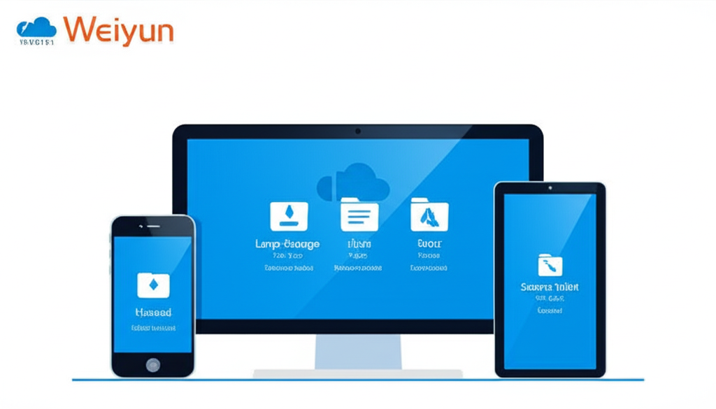 騰訊微雲使用者介面的插圖，顯示大容量儲存、檔案同步、分享和安全保險箱圖標在電腦和手機上