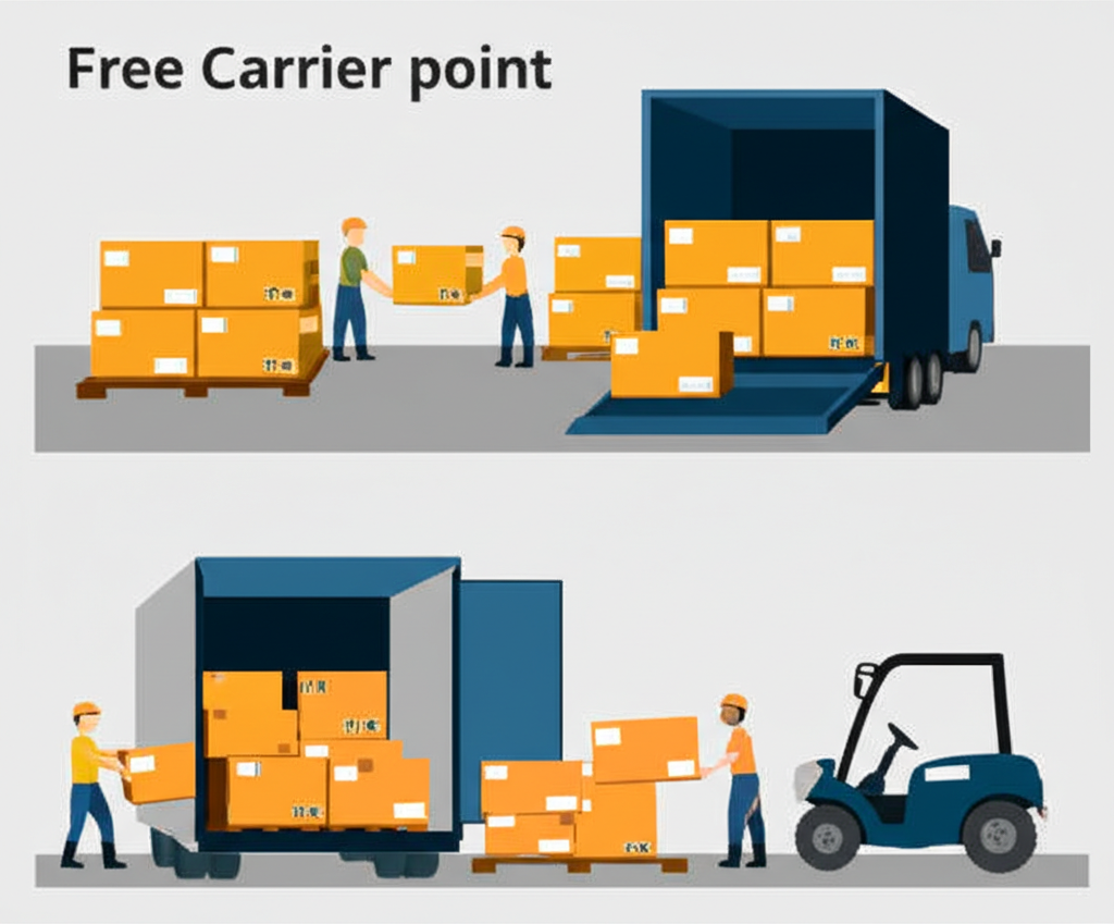 ภาพประกอบสองจุดส่งมอบภายใต้ FCA เช่น การโหลดสินค้าที่โรงงานและสินค้าพร้อมรับที่สถานที่อื่น