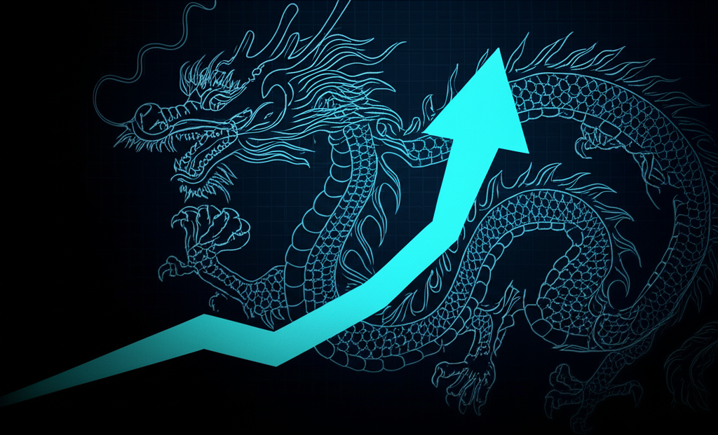 中國創業板指數上升圖示，象徵高成長與創新，背景為金融走勢圖與中國經濟龍圖案