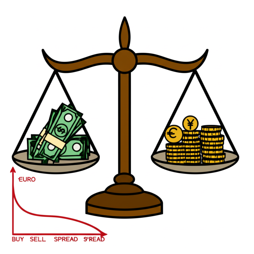 Illustration of currency exchange process with different currencies a scale showing exchange rates and a graph depicting buy sell spread