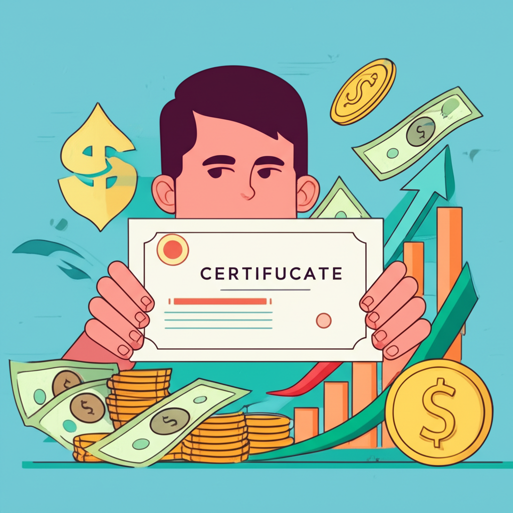 ภาพประกอบนักลงทุนถือพันธบัตรด้วยความมั่นใจ พื้นหลังแสดงพอร์ตการลงทุนสมดุลและการเติบโตทางการเงินที่มั่นคง