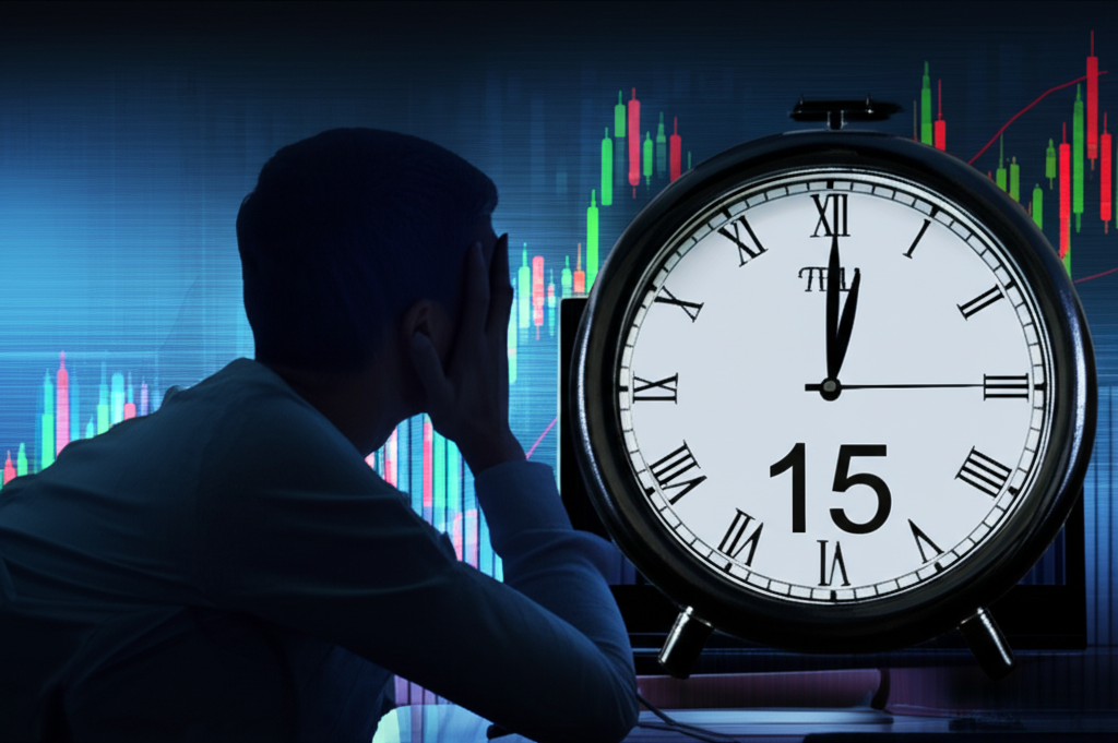 illustration a clock showing 15 minutes delay on a stock trading screen a frustrated investor looking at it financial charts in background data ownership concept