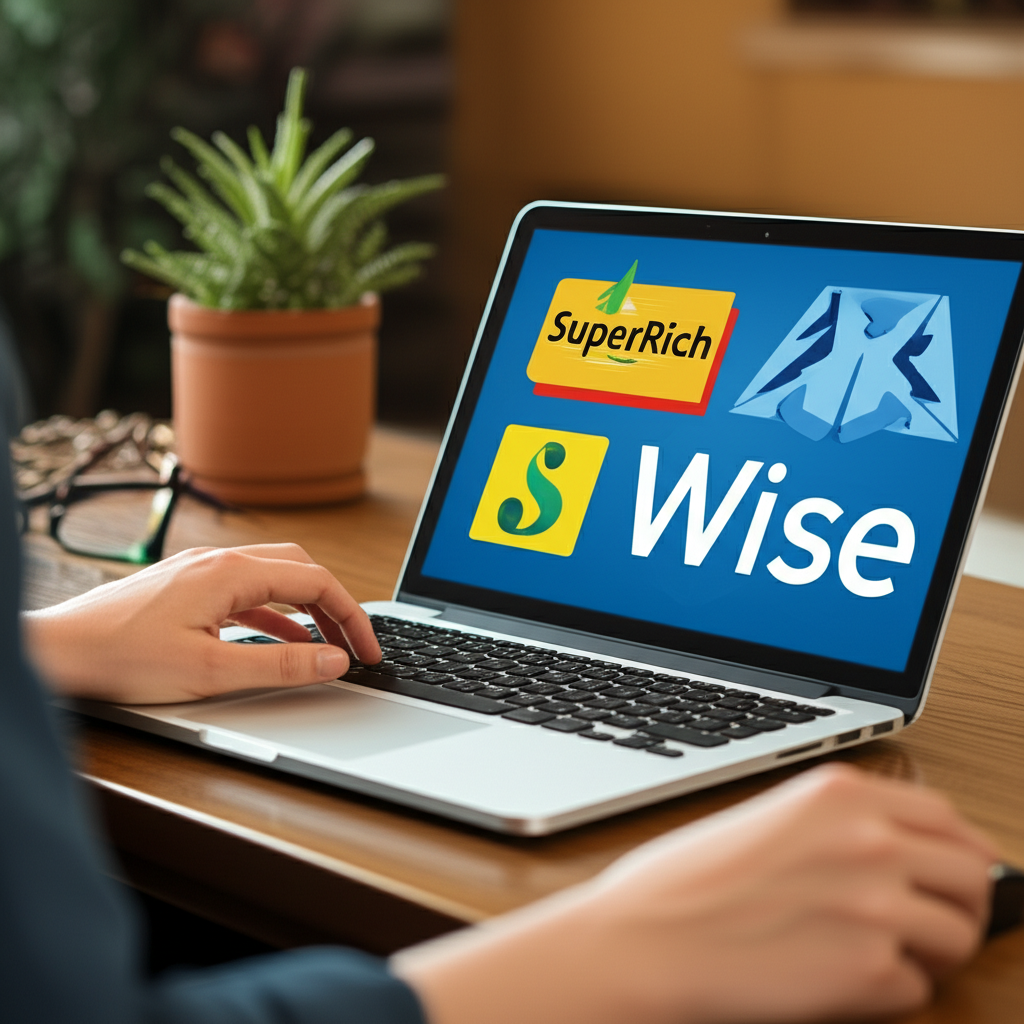 A person comparing currency exchange rates on a laptop with bank logos SuperRich and Wise icons on screen illustration