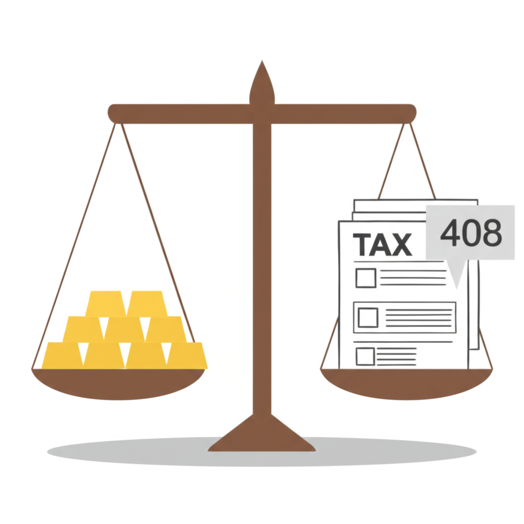 ภาพประกอบตาชั่งสมดุลกับทองคำด้านหนึ่งและเอกสารภาษีพร้อมเลข 40(8) อีกด้าน