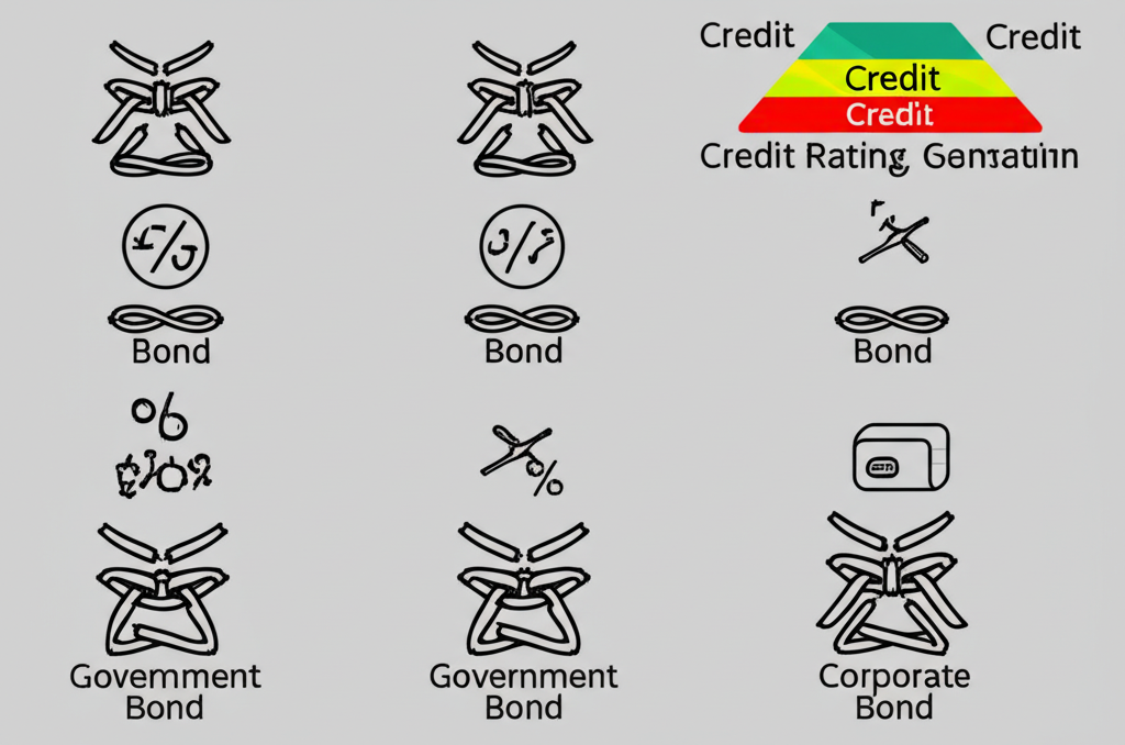 ภาพประกอบประเภทพันธบัตรต่างๆ เช่น พันธบัตรรัฐบาลและหุ้นกู้ แสดงด้วยสัญลักษณ์ที่แตกต่างกัน พร้อมสเกลอันดับเครดิต