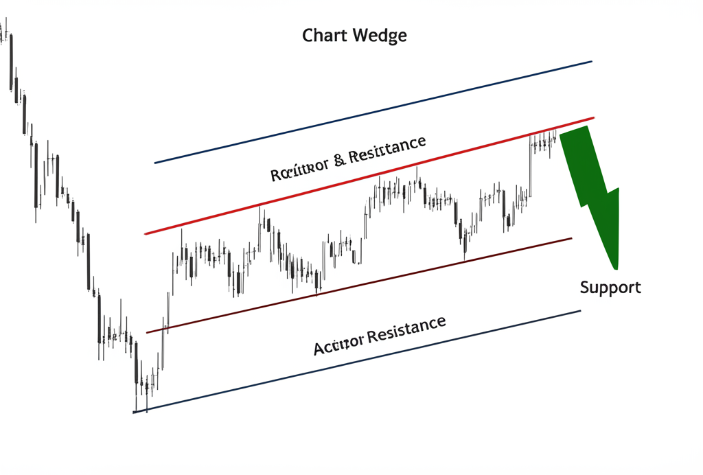 ภาพประกอบรูปแบบกราฟ Rising Wedge ด้วยเส้นแนวรับและแนวต้านเอียงขึ้นและบรรจบกัน