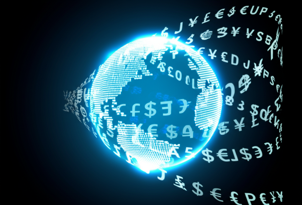 Illustration of a global currency exchange market with various currency symbols like EUR USD JPY flowing around a digital globe