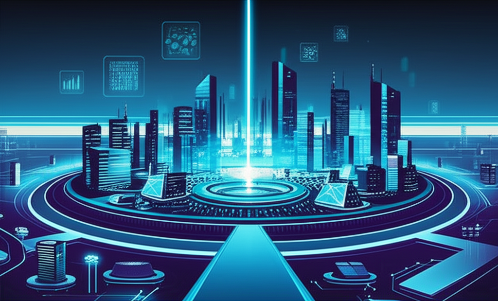 創新產業如生物科技、新能源與資訊技術匯聚平台的圖示，代表創業板市場，未來城市景觀與高科技建築通往中央樞紐