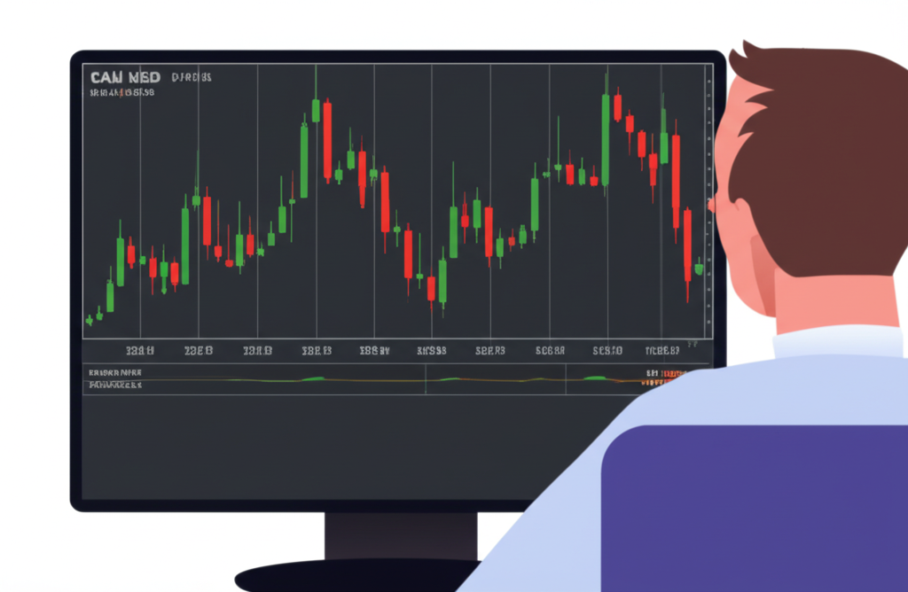 ภาพประกอบบุคคลกำลังวิเคราะห์กราฟแท่งเทียน XAU/USD แบบเรียลไทม์บนหน้าจอคอมพิวเตอร์ ข้อมูลการเงิน