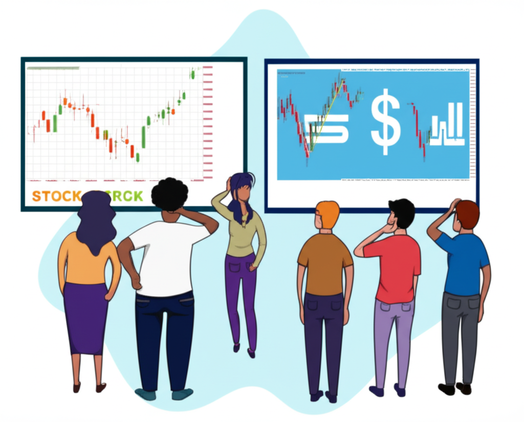 Illustration of people looking confused at a stock chart and a currency pair chart side by side representing the misunderstanding of forex and stocks