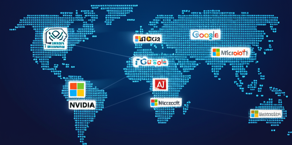 全球地圖上標註科技巨頭標誌,如 NVIDIA、Microsoft、Google 和 Tesla,象徵 AI 領導地位