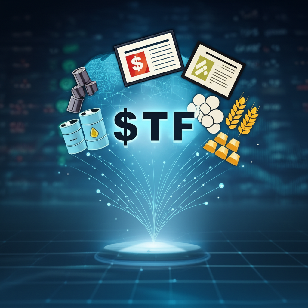 Diverse assets like stocks bonds and commodities merging into a single ETF symbol on a digital screen representing global market access illustration