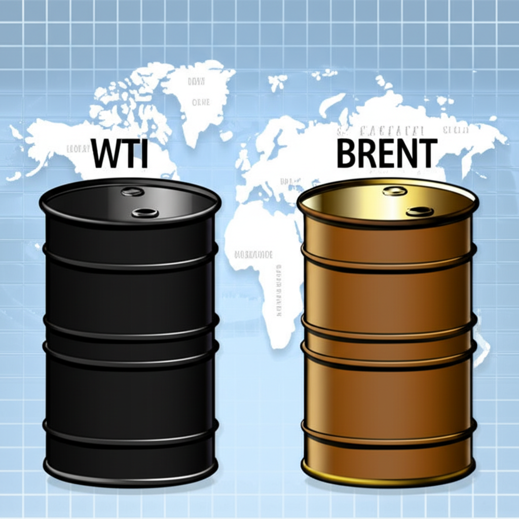 ภาพประกอบถังน้ำมันดิบสองชนิด WTI และ Brent แสดงความแตกต่างด้านภูมิภาคและคุณภาพ บนพื้นหลังแผนที่โลก