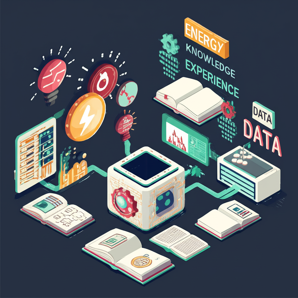 各種資產如能量、知識、經驗和數據聚集儲存的插圖，象徵蓄積概念與未來規劃