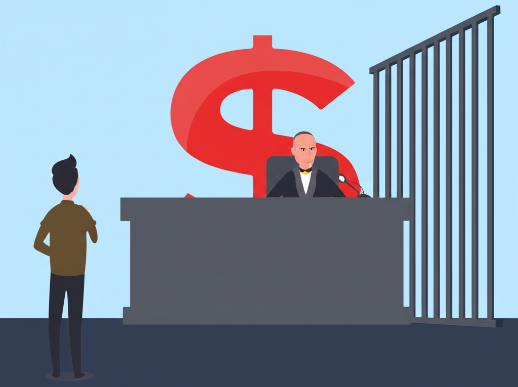 一人面對法官,背景有巨額罰款符號與監獄鐵欄,象徵內線交易的嚴重刑事與行政處罰,包括財務損失與監禁