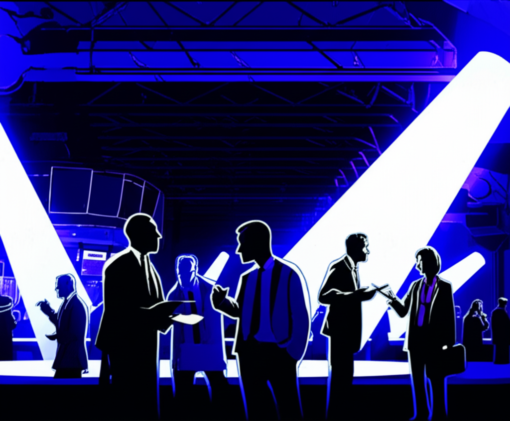 股市交易廳內部,部分人士在陰影中秘密交換資訊,突顯不公平的資訊優勢與市場透明問題