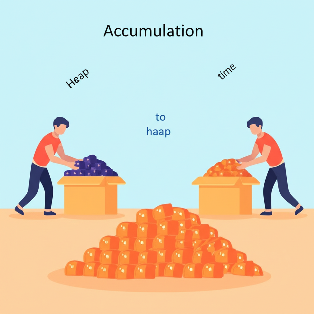 蓄積詞源解釋插圖，展示兩個字元：一個代表儲存與準備，另一個描繪逐步堆積與增長