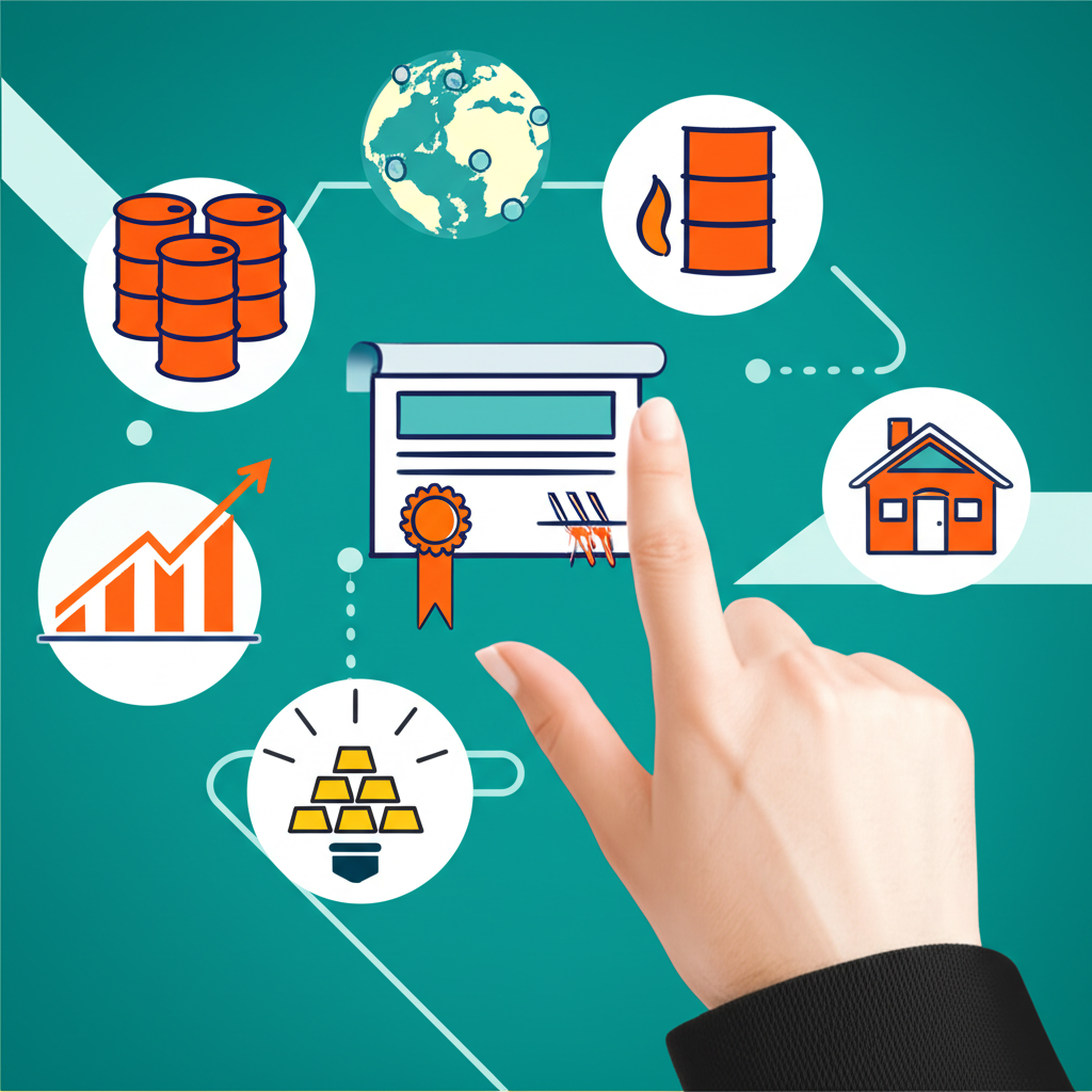 Different types of ETFs represented by distinct icons stocks bonds commodities real estate regional and thematic choices a hand selecting one illustration